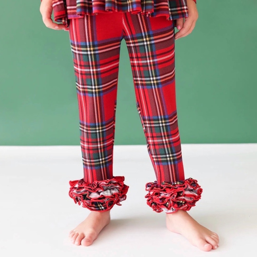Posh Peanut Red Tartan Plaid Ruffle Leggings Bamboo Viscose Toddler Girls 12-18M